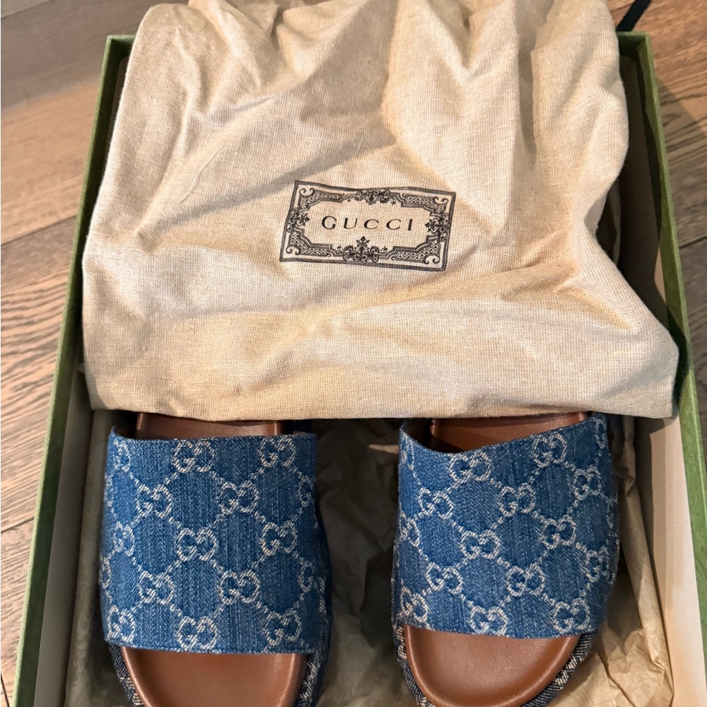 New Denim GG Monogram Angelina Platform 55mm Slide Sandals 38 Blue Tea